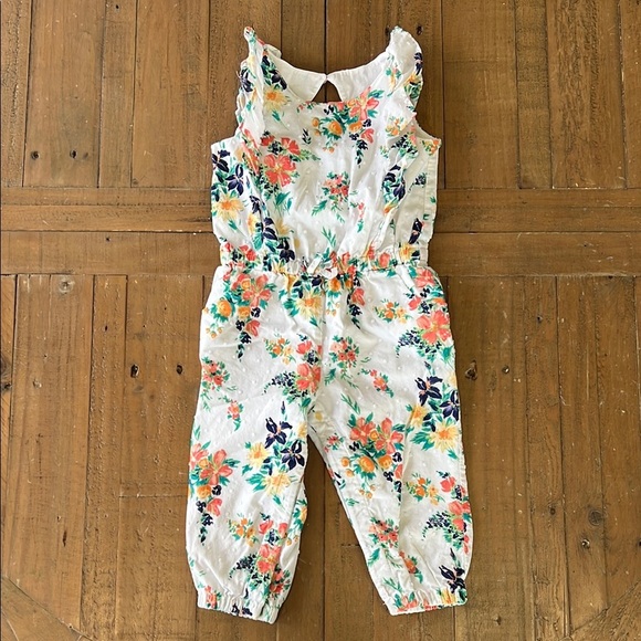 Janie and jack vibrant floral open back Swiss dot flutter sleeve romper jumpsuit - Picture 1 of 6